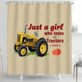 thumbnail image 1 of Vintage Beige Shower Curtain with Yellow Tractor Illustration & Handwritten Text - Rustic Autumn Decor, 1 of 4
