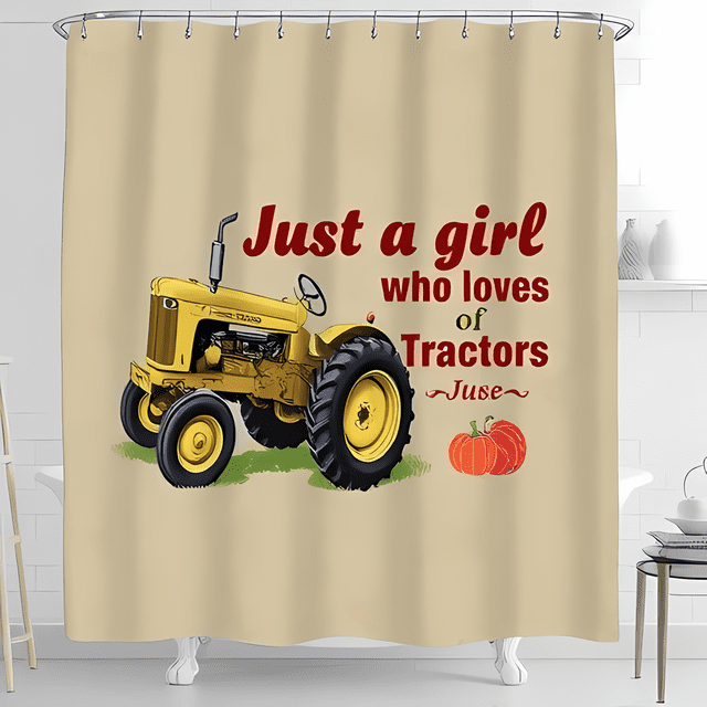 Vintage Beige Shower Curtain with Yellow Tractor Illustration & Handwritten Text - Rustic Autumn Decor