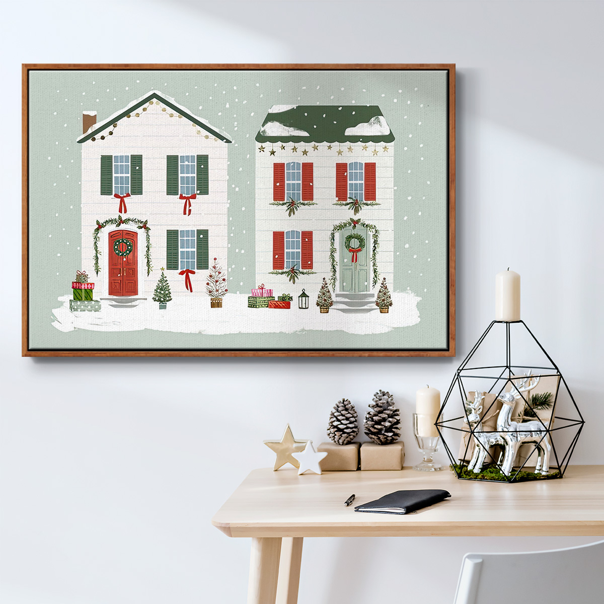 Festive Front Door Collection A - Framed Gallery Wrapped Holiday Canvas - 27 x 41 - Rosewood Frame