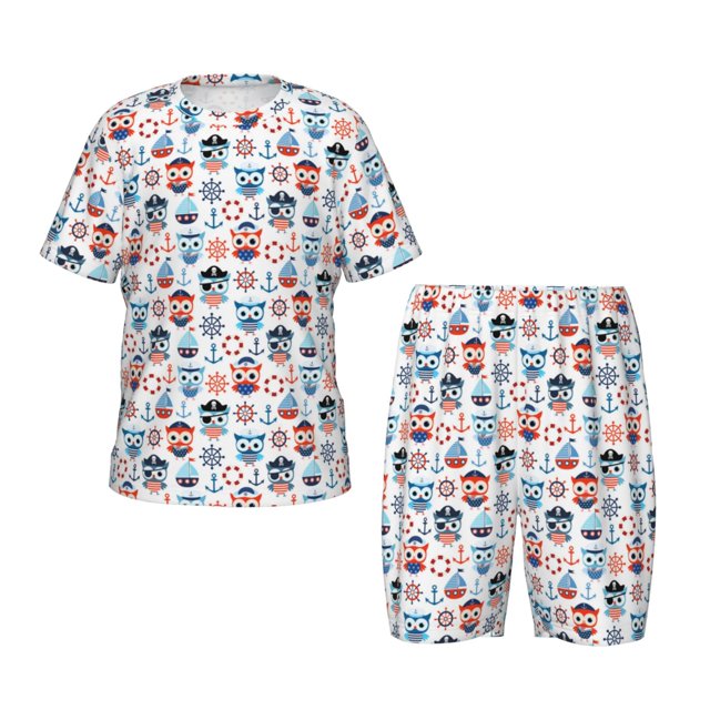 Fotbe Nautical And Pirate Owls Pijama Estampada de 2 Piezas para Niños – Ropa de Dormir de Manga Corta Cómoda para Niños y Niñas, Camiseta y Shorts de Algodón-3X-Large