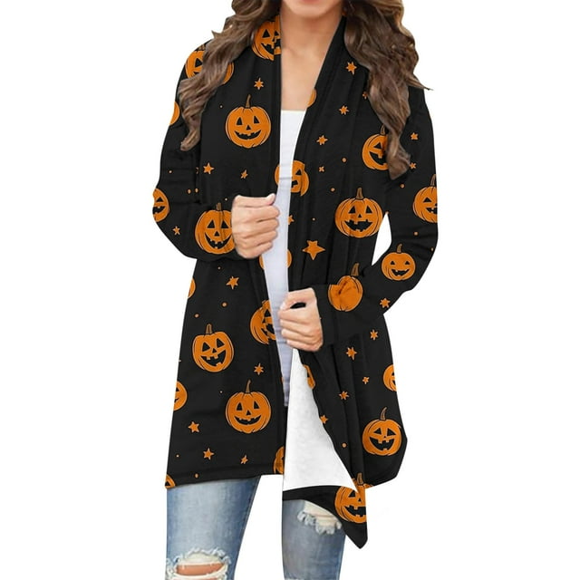 Cardigans Gothiques pour Femmes Imprimé Citrouille Manches Longues Couvre-Lit Cardigan Ample Vêtements de Fête