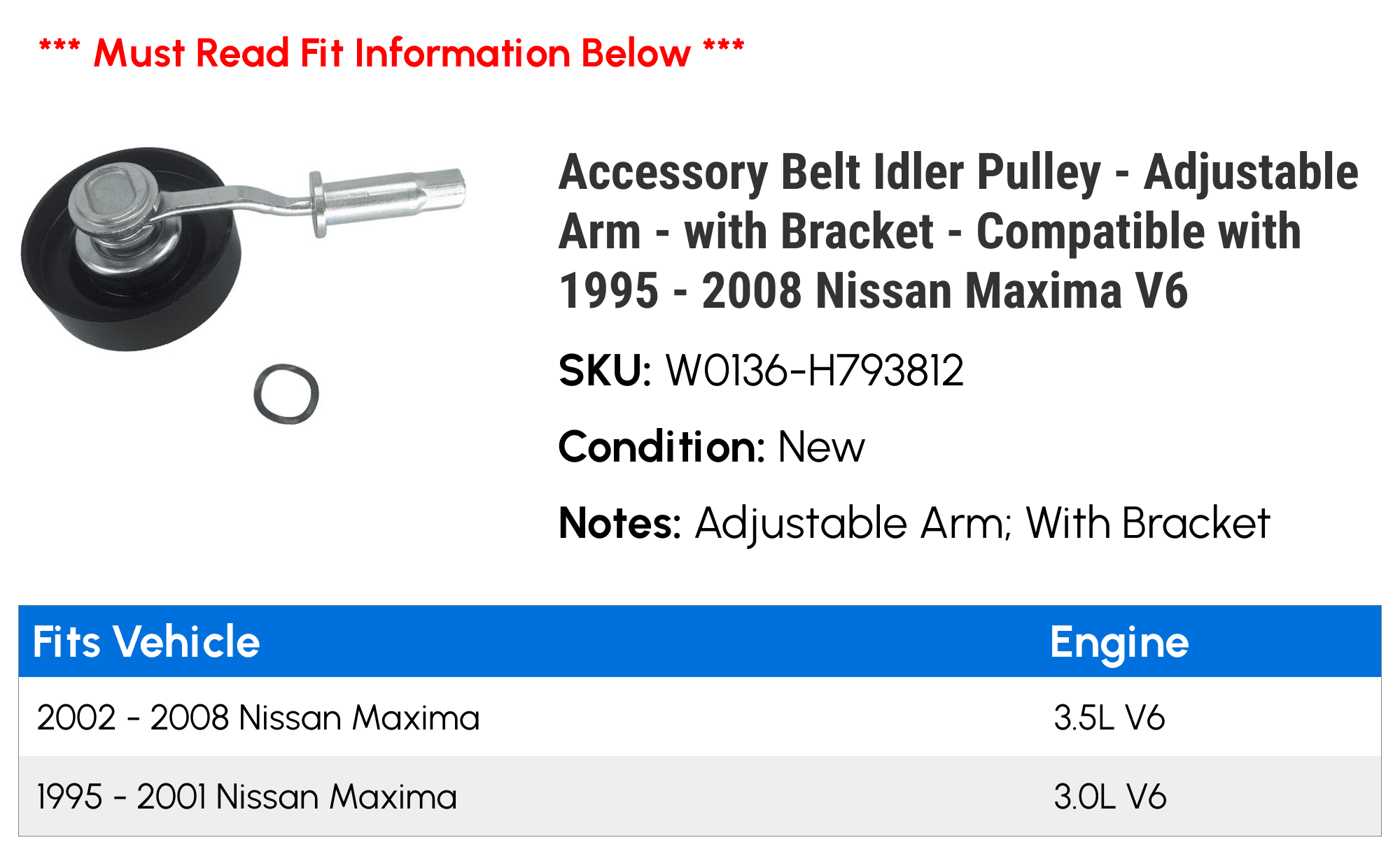 Accessory Belt Idler Pulley - Adjustable Arm - with Bracket - Compatible with 1995 - 2008 Nissan Maxima V6 1996 1997 1998 1999 2000 2001 2002 2003 2004 2005 2006 2007