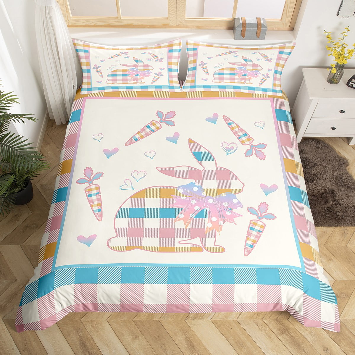 Rabbit Duvet Cover Blue Pink Lattice Buffalo Checkered Grid Bedding Set