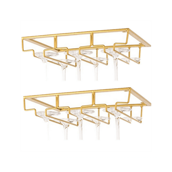 2Pcs Wine Glass Rack, Wine Glass Hanger Rack Under Cabinet Stemware Wine Glass Holder Storage Hanger,Gold