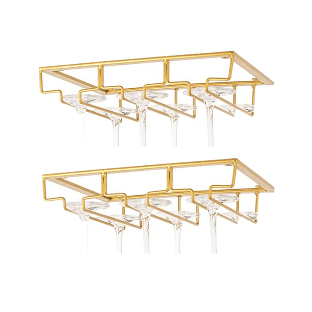 2Pcs Wine Glass Rack, Wine Glass Hanger Rack Under Cabinet Stemware Wine Glass Holder Storage Hanger,Gold
