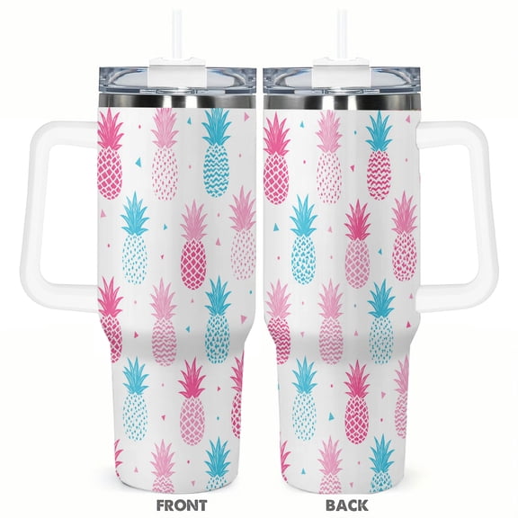 40oz Pink and Blue Pineapple Insulated Travel Tumbler with Handle and Straw Summer Car Cup Gift