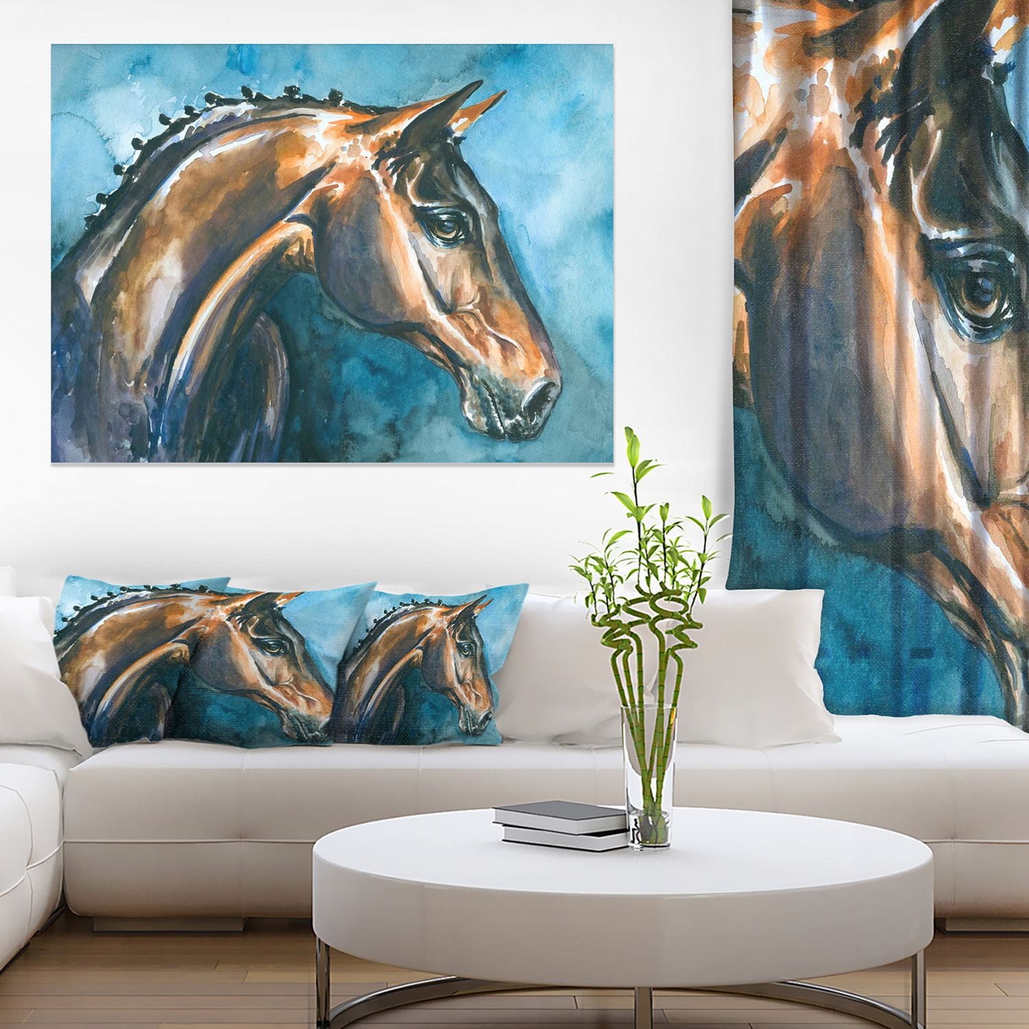 Design Art Cheval Brun Sur Bleu Aquarelle Art Sur Toile