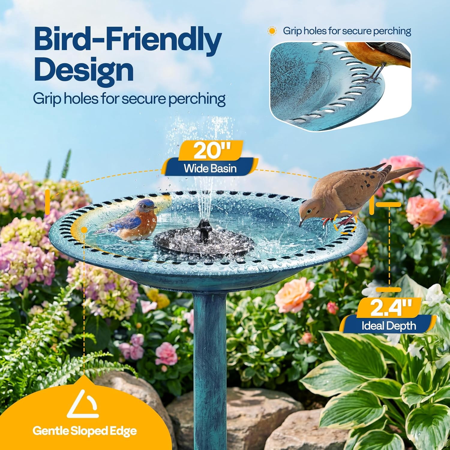 SPECSTAR Bird Bath, Polyresin Antique Outdoor Blue Garden Birdbath and Solar Powered Round Pond Fountain Combo Set