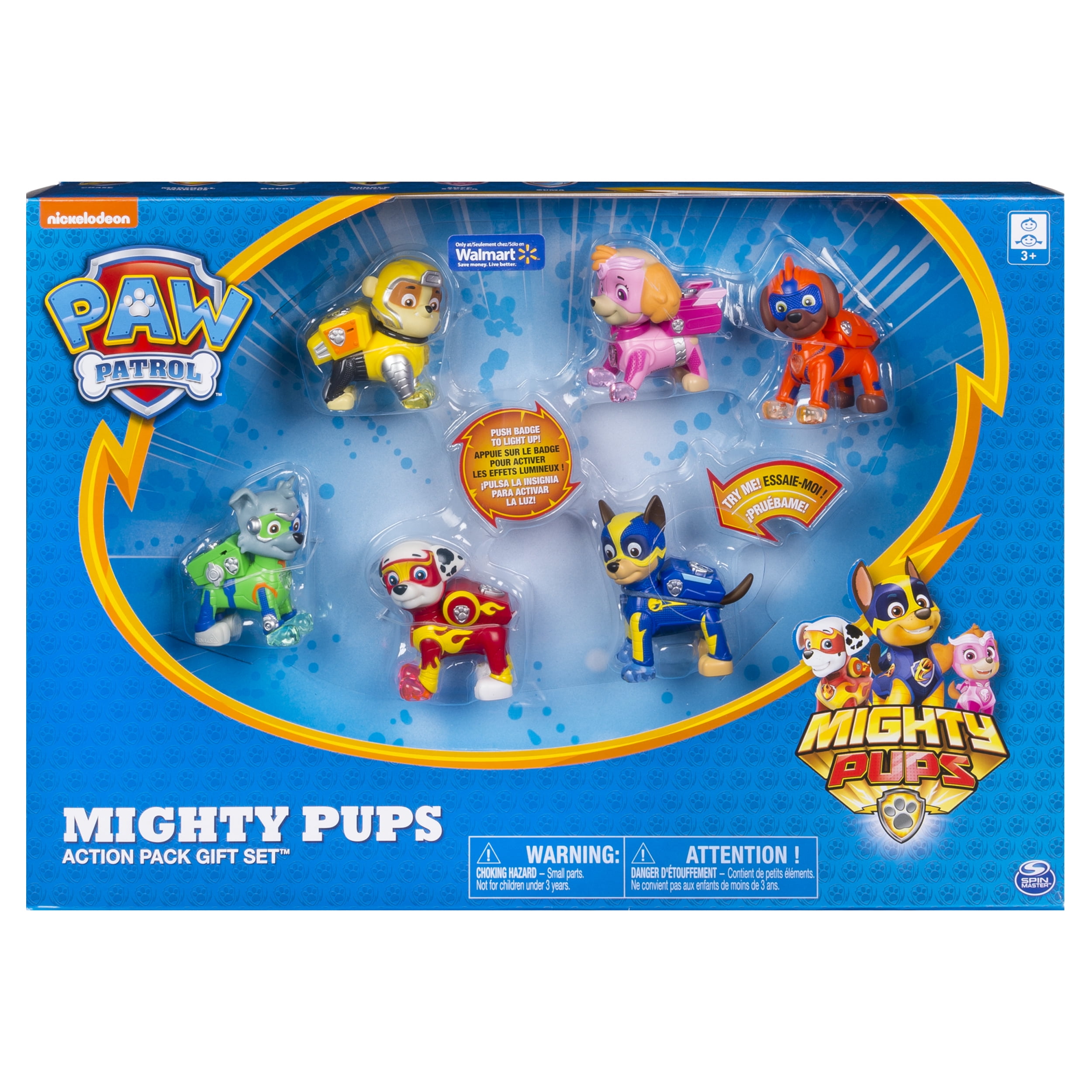 Paw Patrol Mighty Pups Action Pack Gift Set w 6 Pup Figures Badges & Feet Light 