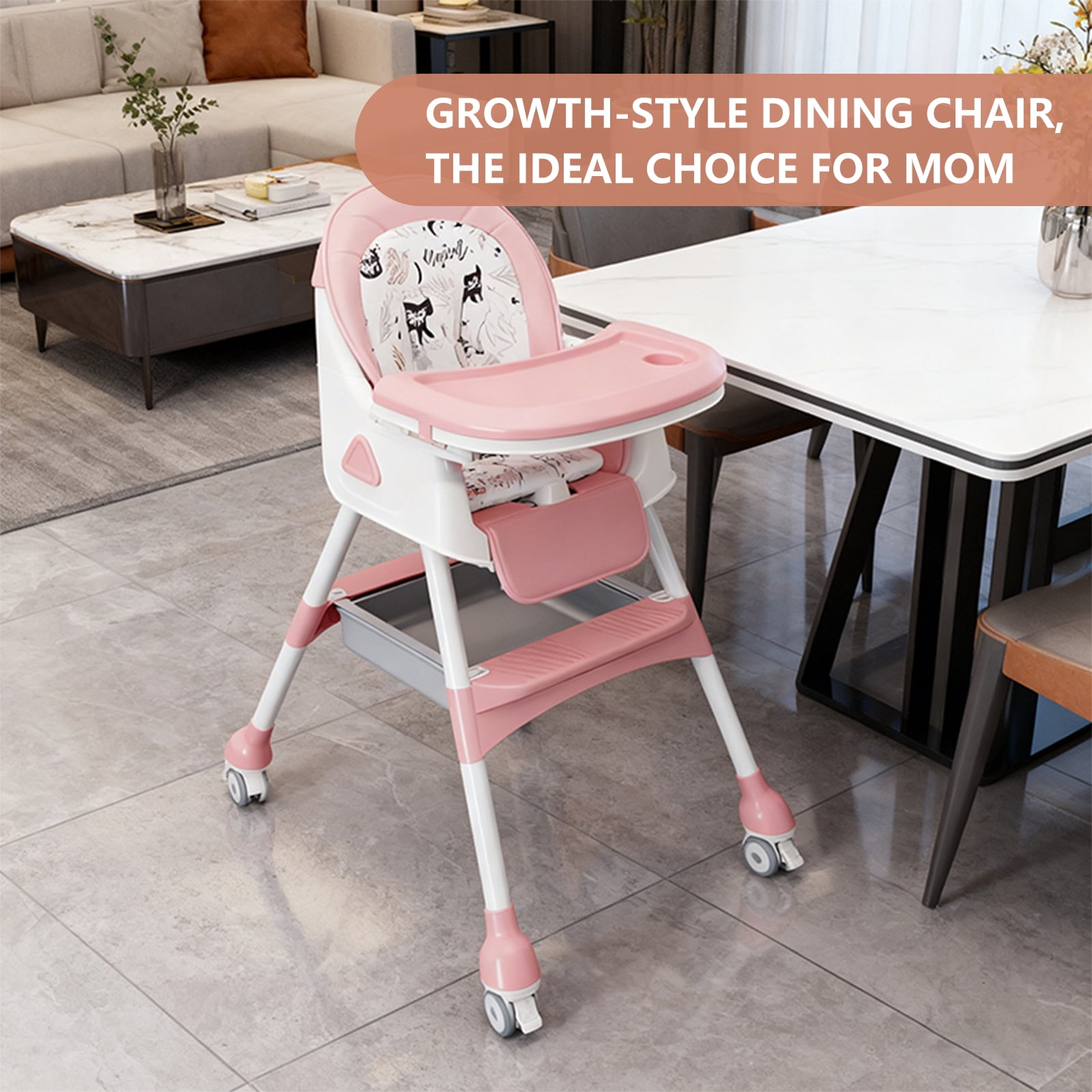 4-in-1 Foldable Baby High Chair, Portable Toddler Dining Chair for Eating & Playing, Convertible Highchair with Adjustable Tray, Pink