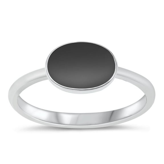 Oval Smooth Simulated Black Onyx Promise Ring .925 Sterling Silver Band Cubic Zirconia Female Size 9