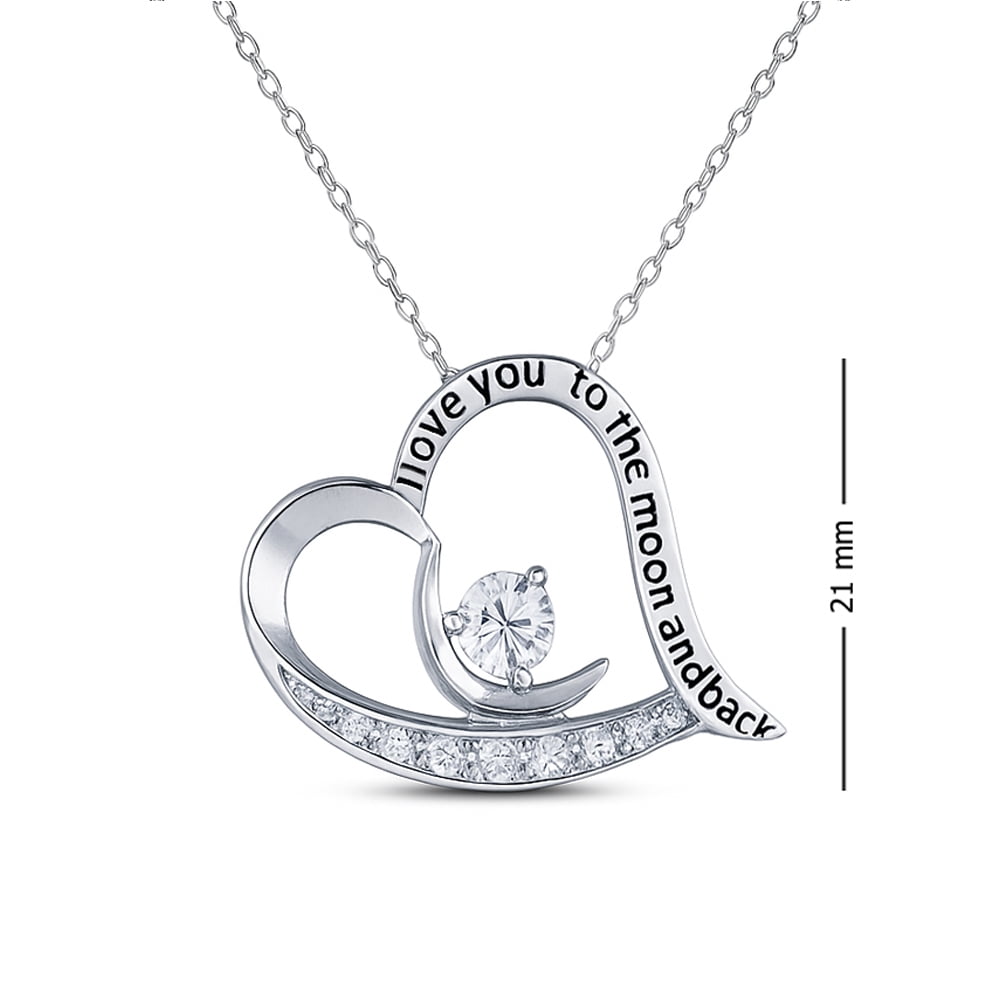 LeCalla 925 Sterling Silver Inspiration Engraved Necklace I-Love-You To-The-Moon-And-Back Heart Pendant with Chain Jewelry Gifts for Women and Teen 18+2" Inch