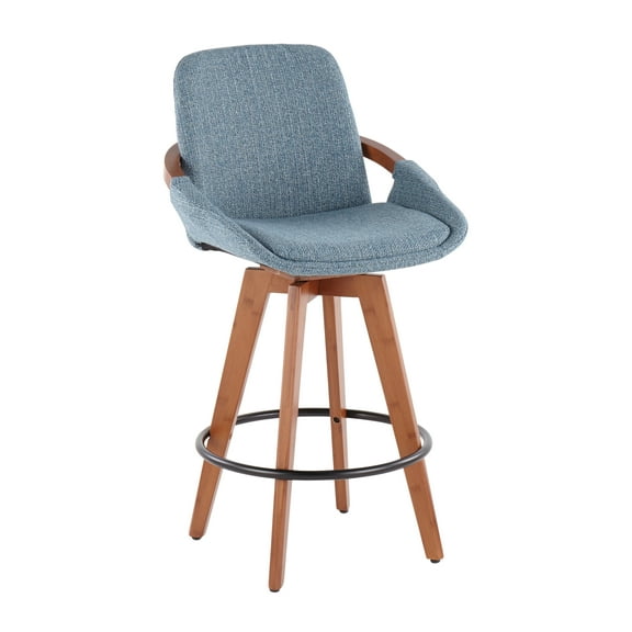 LumiSource Cosmo Counter Stool - Walnut Wood & Blue Noise Fabric - Mid-Century Modern Style - Swivel Bar Stool for Kitchen Island & Countertops Blue   Fabric