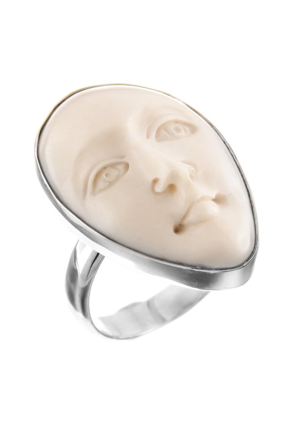 Goddess Face Hand Carving Bison Bone 925 Sterling Silver Adjustable Ring