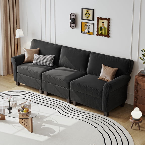 94" Sofa for Living Room, 3 Seater Couch with Deep Seat, Modern Comfy Corduroy Couches for Apartment Small Space, Black
