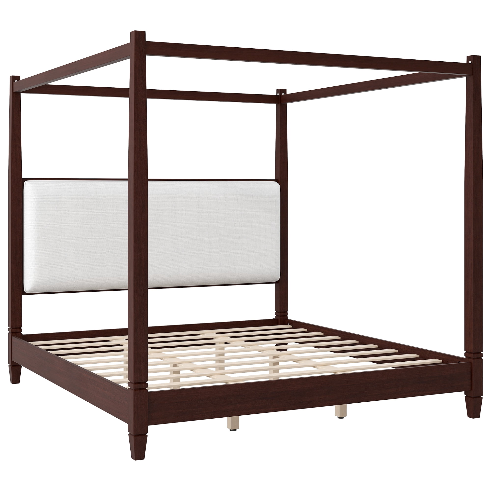 Euroco Wood King Size Canopy Platform Bed with Upholstery Headboard, Espresso