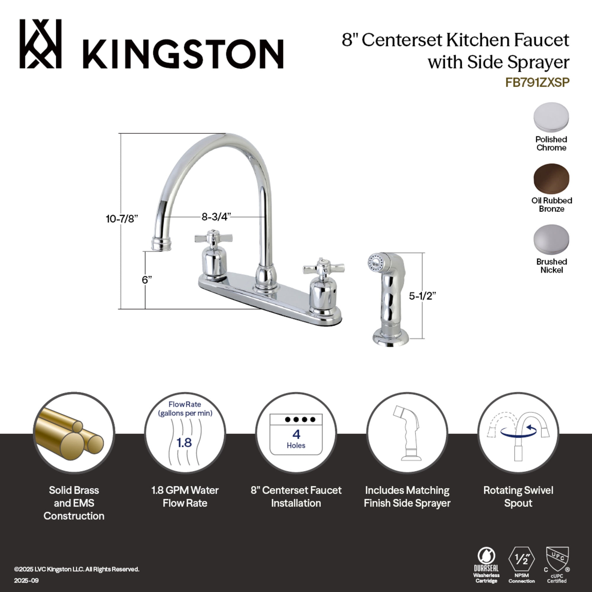 Kingston FB798ZXSP Millennium Two-Handle 4-Hole 8" Centerset Kitchen Faucet with Side Sprayer in Brushed Nickel