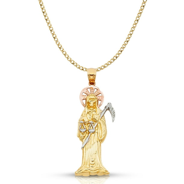 Ioka 14k Tri Color Gold Grim Reaper Pendant With 2 4mm Hollow Cuban Chain Necklace 16 Com - Grim Reaper Pendant