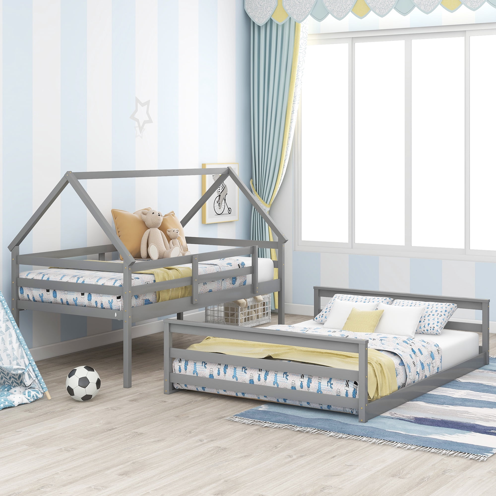 EUROCO Pine Wood Twin over Full Bunk Bed, House-Shaped for Kids Teens Bedroom, Gray