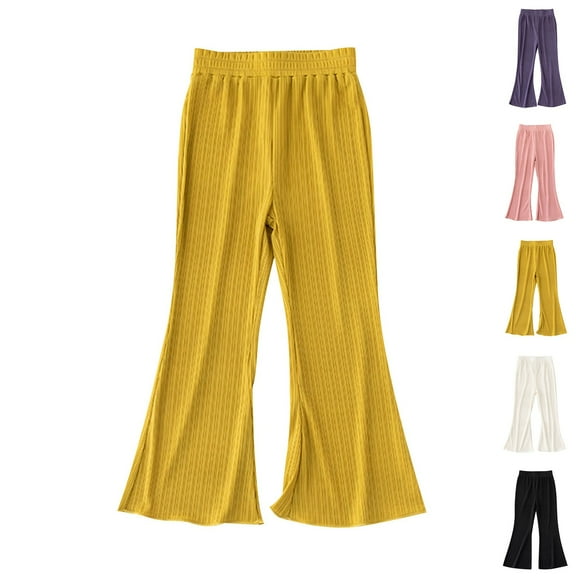 HAOTAGS Girls Flared Pants, Lightweight Solid Mosquito-Repellent Cool Comfort Trousers Yellow 6-7 Years