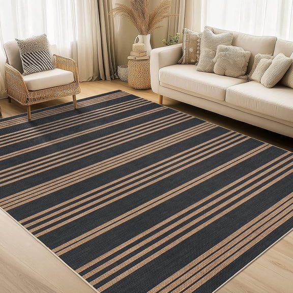 5x7 Outdoor Rug Geometric Striped Area Rug for Living Room Washable Rug for Bedroom Easy Jute Farmhouse Rugs Non Slip Indoor Outdoor Area Rug for Dining Room Black and Brown