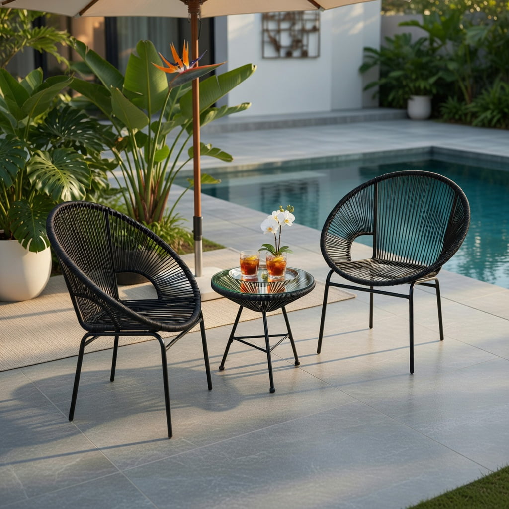 Hommoo 3-Piece Outdoor Acapulco Bistro Set, PE Rope Chairs + Tempered Glass Table for Patio, Yard & Poolside, Black