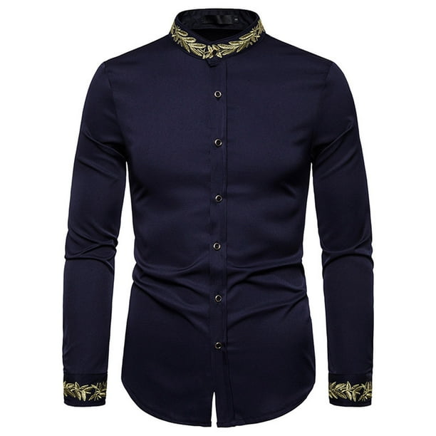 Camisa de blusa de manga larga bordada con botones casuales para hombres Pompotops oipoqjl30031