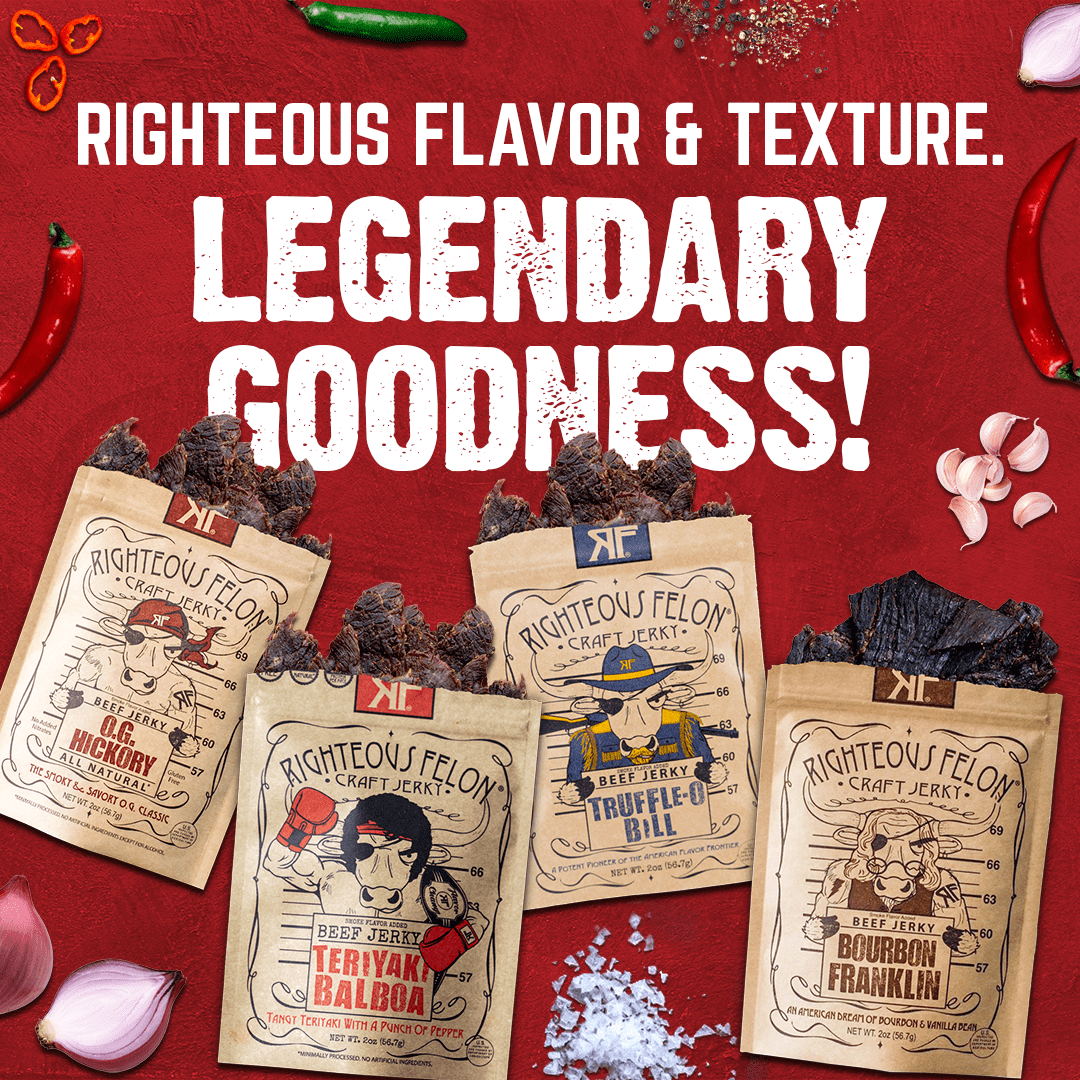 Righteous Felon Savory Beef Jerky 4 Pack - High Protein, Low Sugar, Gluten Free Gifts for Men