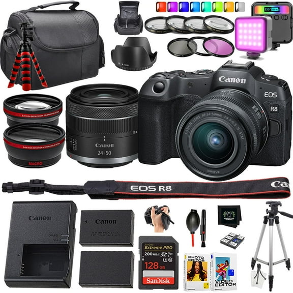 Canon EOS R8 Mirrorless Camera   Canon RF 24-50mm f/4.5-6.3 is STM Lens   128GB SanDisk Extreme Pro Meomry Card   50 Inch Tripod   Camera Case (23 Piece Bundle)