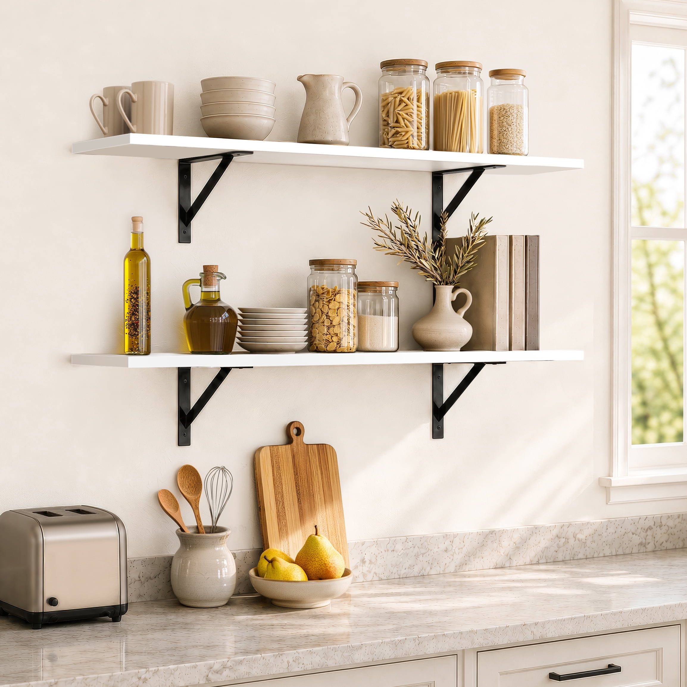Sorbus 47.3 in Wood Wall Shelves with Black Metal Brackets, White, 2-Piece Set