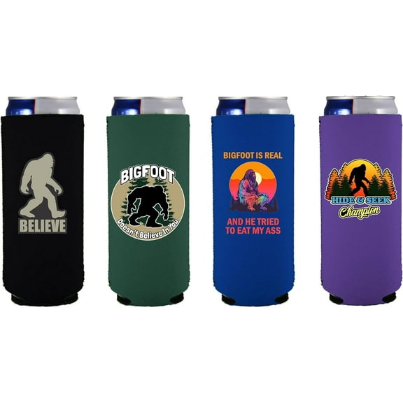 Bigfoot Funny Designs Slim Can Coolie 4 Pack Set