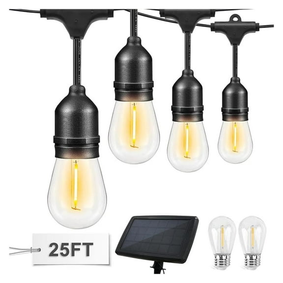 Solar-Powered 25 FT S14 String Lights, IP65, 10 Shatterproof Edison Vintage Bulbs (2 Spare) for Outdoors, 10 Hanging Sockets, Decorative Lights for Patio, Garden, Wedding, Party, and Pool