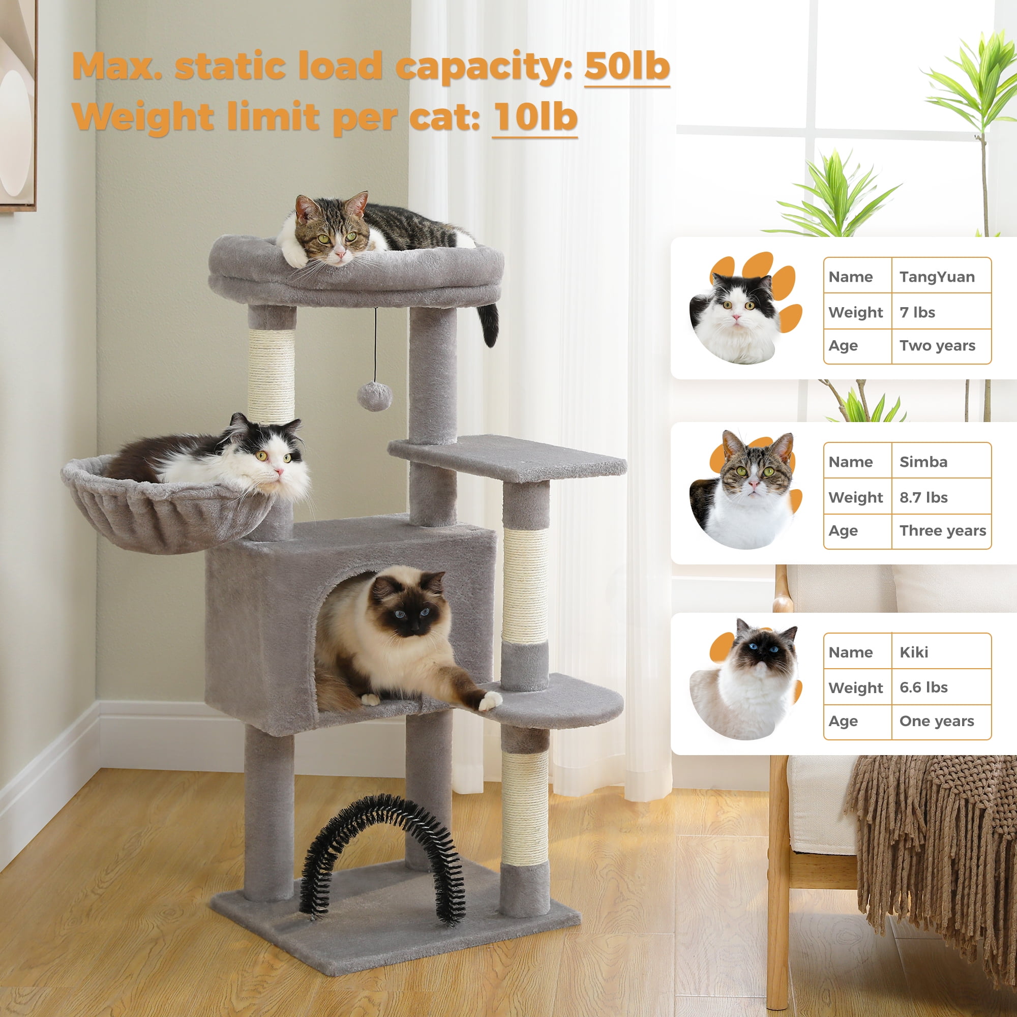 PAWZ Road 42" Cat Tree Condo With Large Perch Scratching Posts for Indoor Cats,Light Gray