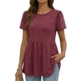 thumbnail image 2 of MOYIKO Women Summer Top Short Puff Sleeve Crewneck Basic T-shirt Burgundy Loose Fit Plain Tee XXL, 2 of 7