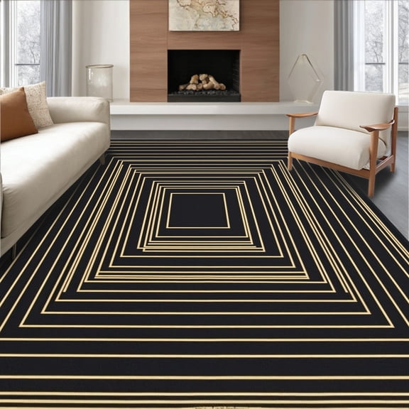 Flatwoven High Traffic Area Rug, Interlocking Grid Contemporary Motif, Non Slip, Stain Resistant, Washable Area Rugs for Living Room, Bedroom(Black, 4X6)