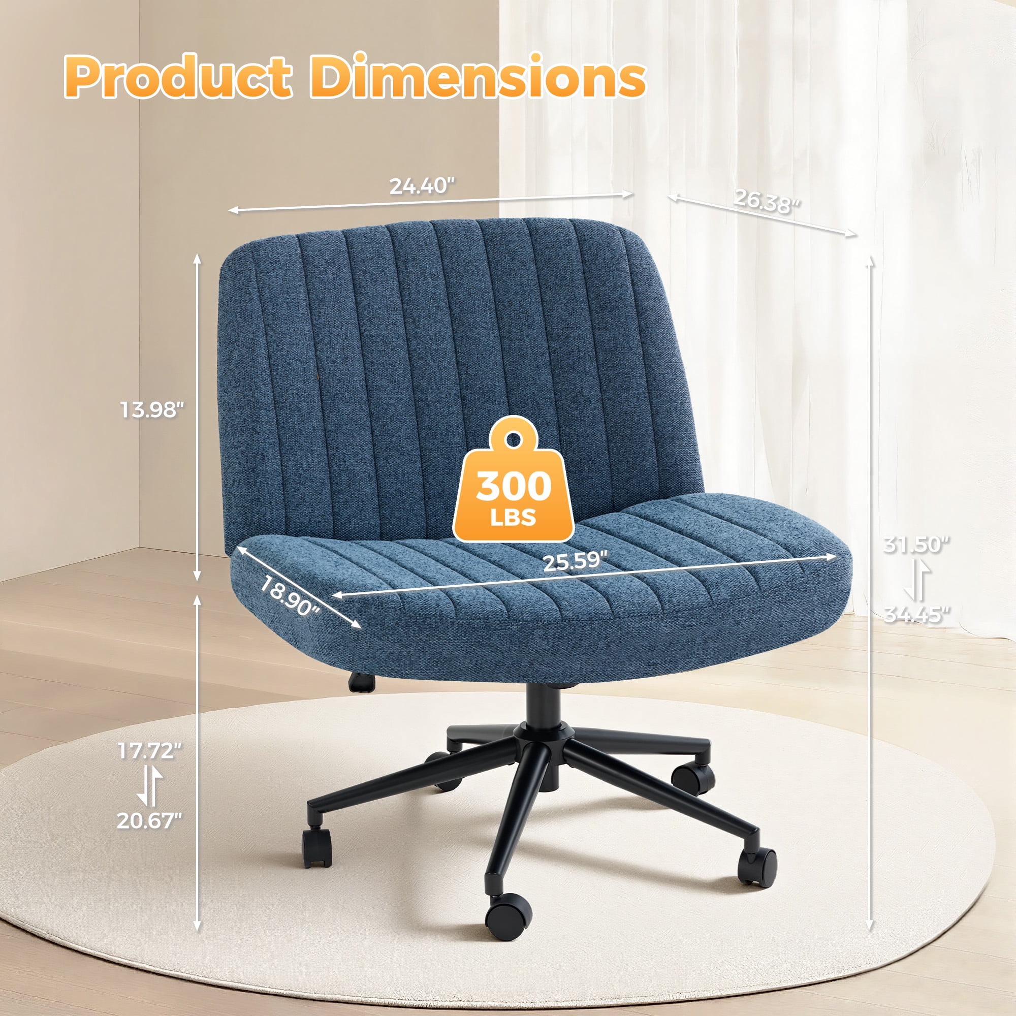 Office Chair Armless Criss Cross Legged Chair with Wheels, Comfy Home Office Desk Chairs, Adjustable Swivel Padded Fabric Vanity Task Computer Chair,Blue