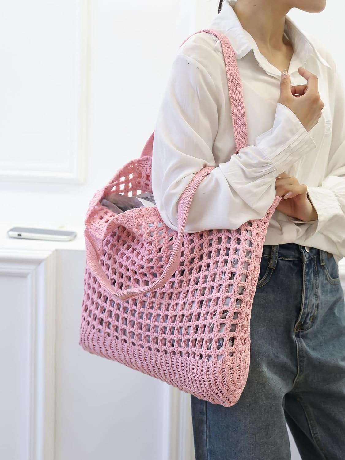 CAILDANL Women's Beach Tote Bag, Crochet Knit Hollow Design, Stylish Tote for Beach,Travel and Everyday Use Aesthetic Handbag