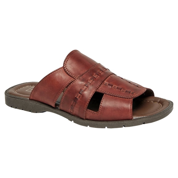 Piruna Men's Leather Covered Slide Sandals with Embossed Detail, Cushioned Footbed, Brown