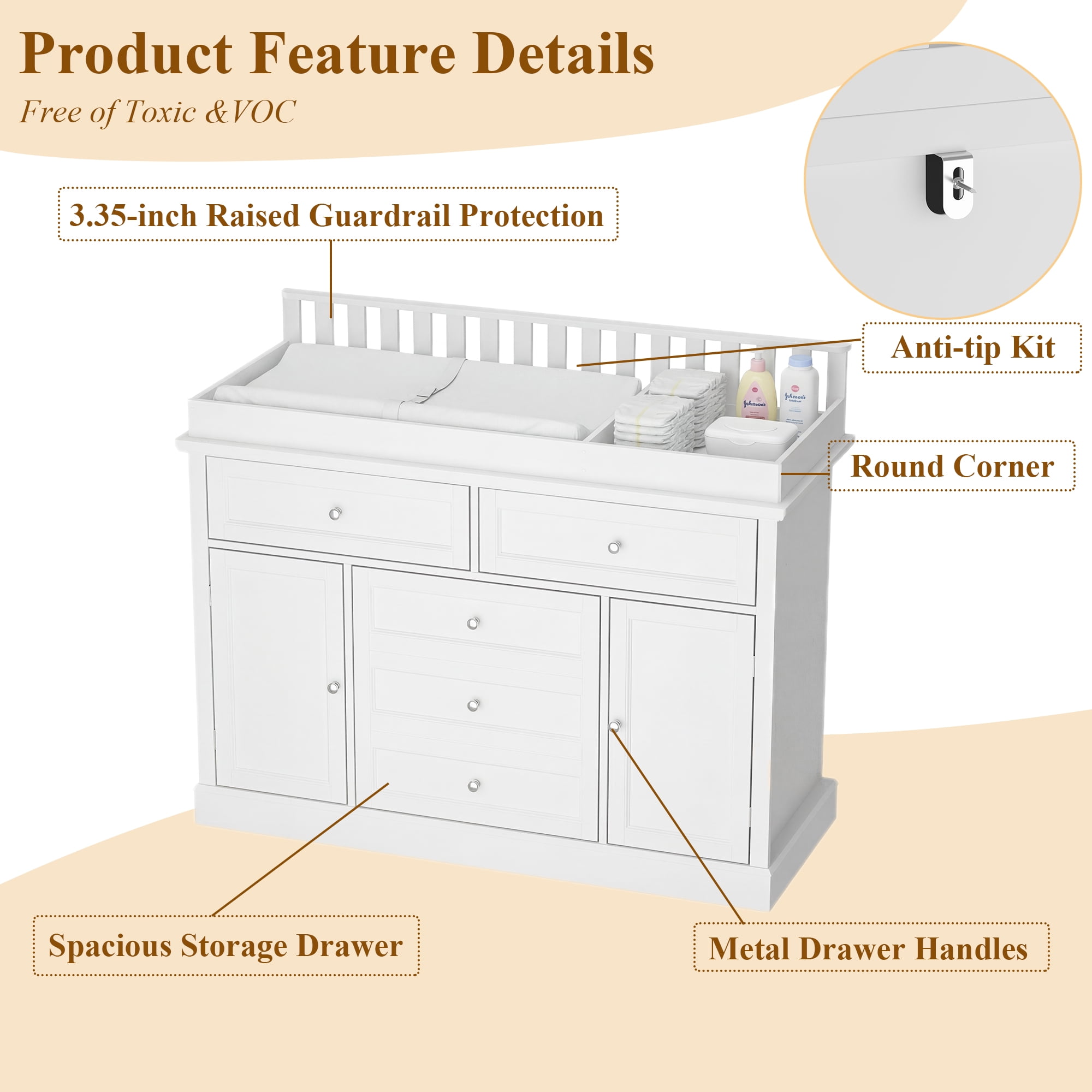 KULAGAGA 46" Dresser with Changing Table Top, White Dresser with Storage Drawers and Doors for Nursery, Multifunctional Dresser with Changing Station, Storage Cabinet for Kids Room