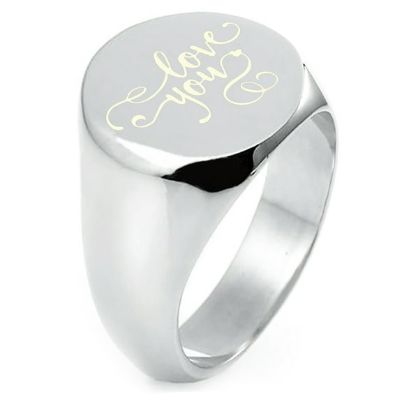 Sterling Silver Love You Calligraphy Swirl Engraved Round Flat Top Polished Ring
