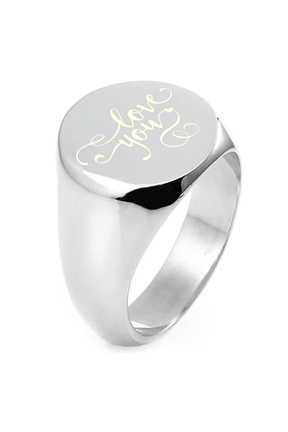 Sterling Silver Love You Calligraphy Swirl Engraved Round Flat Top Polished Ring