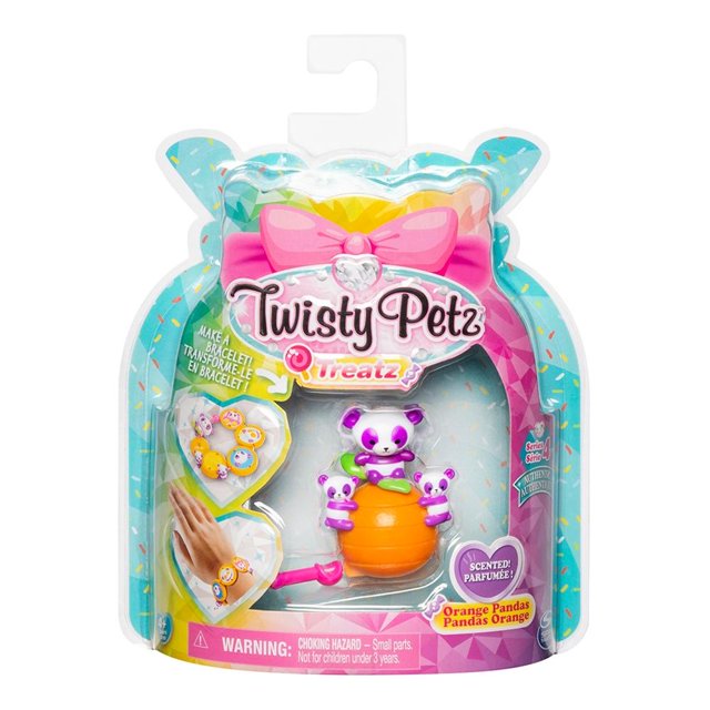 Juguete Postrecitos Twisty Petz Spin Master Orange Pandas, figura articulada de pandas naranjas y blancos con detalles morados que se convierte en pulsera o accesorio de moda con aroma agradable, ideal para niñas de 4 años o más, parte de la línea de juguetes de colección y figuras articuladas, incluye coleccionador.