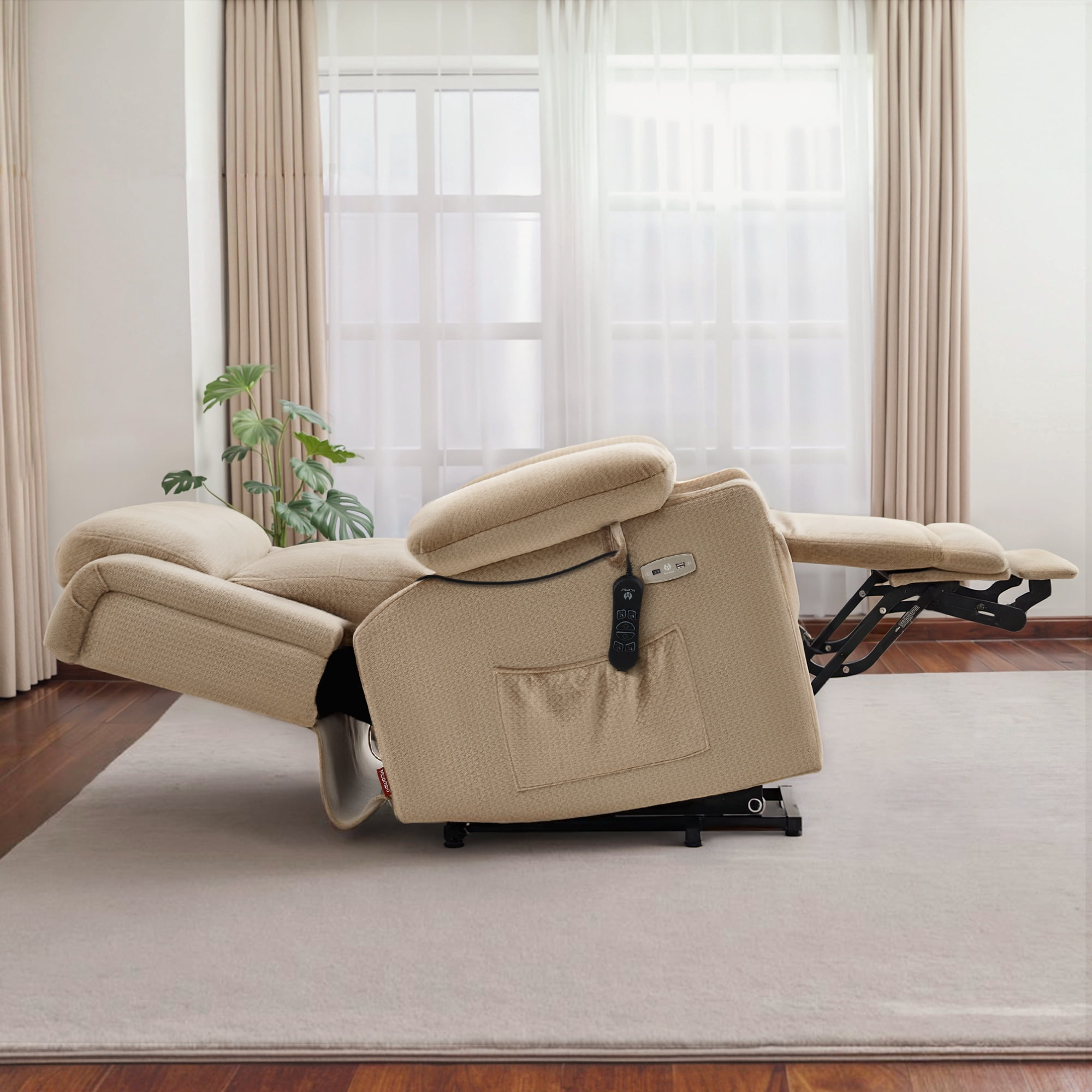 MCombo Lay Flat Triple Motor Power Lift Recliner Chair for Elderly, Adjustable Headrest, Fabric(Beige)
