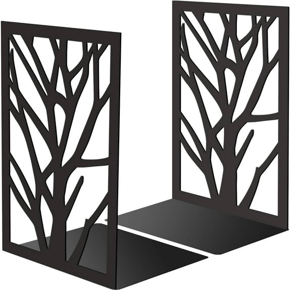 1 Pair Metal Bookends 5.3x4.3x7.8 Tree Black Heavy Duty Study Non-Skid Tall Book Holder Stand Creative Decorative Stopper Support Organizer Magazine for Shelf Desk Birthday