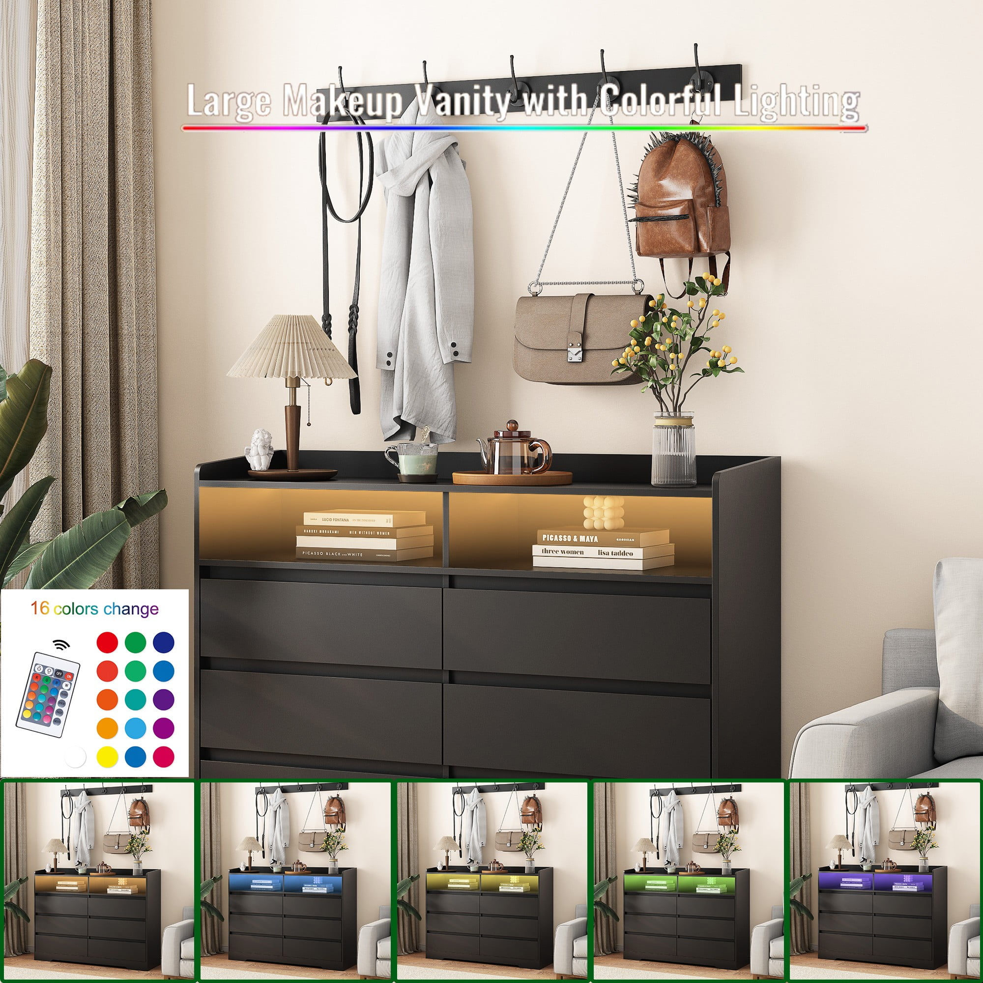 Finihen 6 Drawer Dresser, Modern Chest of Drawers with Led Lights, Wooden Dresser for Bedroom with Sturdy Frame for Living Room, Entryway, Hallway, Black-L Finihen 6 Drawer Dresser, Modern Chest of Drawers with Led Lights, Wooden Dresser for Bedroom with Sturdy Frame for Living Room, Entryway, Hallway, Black-L
