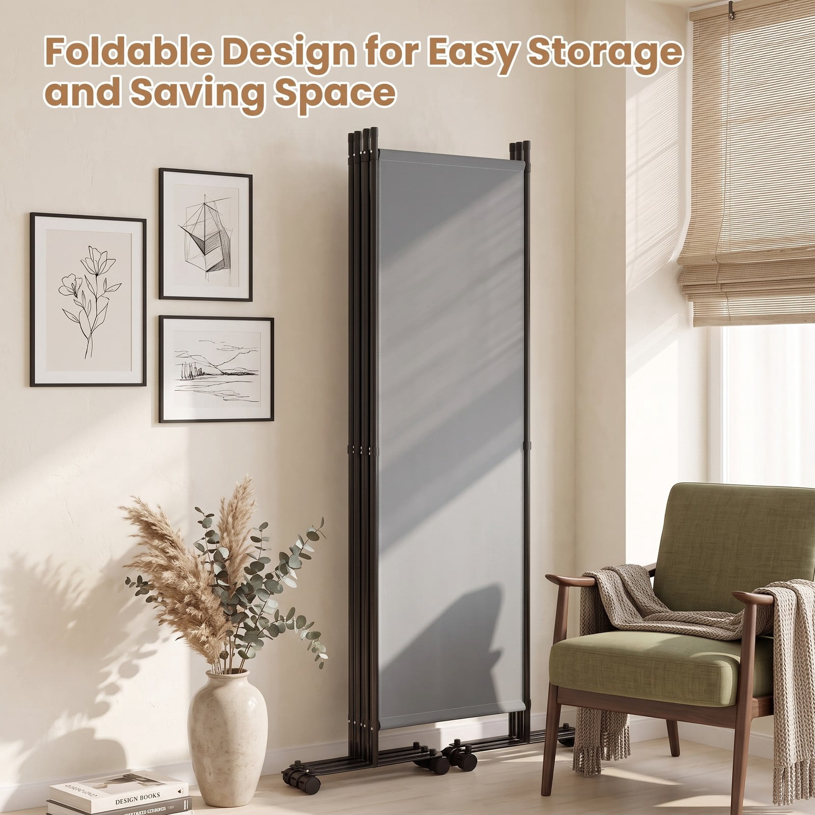 ALPULON 4-Panel Room Divider Freestanding Privacy Screen with 10 Lockable Wheels, Foldable Polyester Fabric Partition with Heavy-Duty Metal Frame for Living Room, Gray