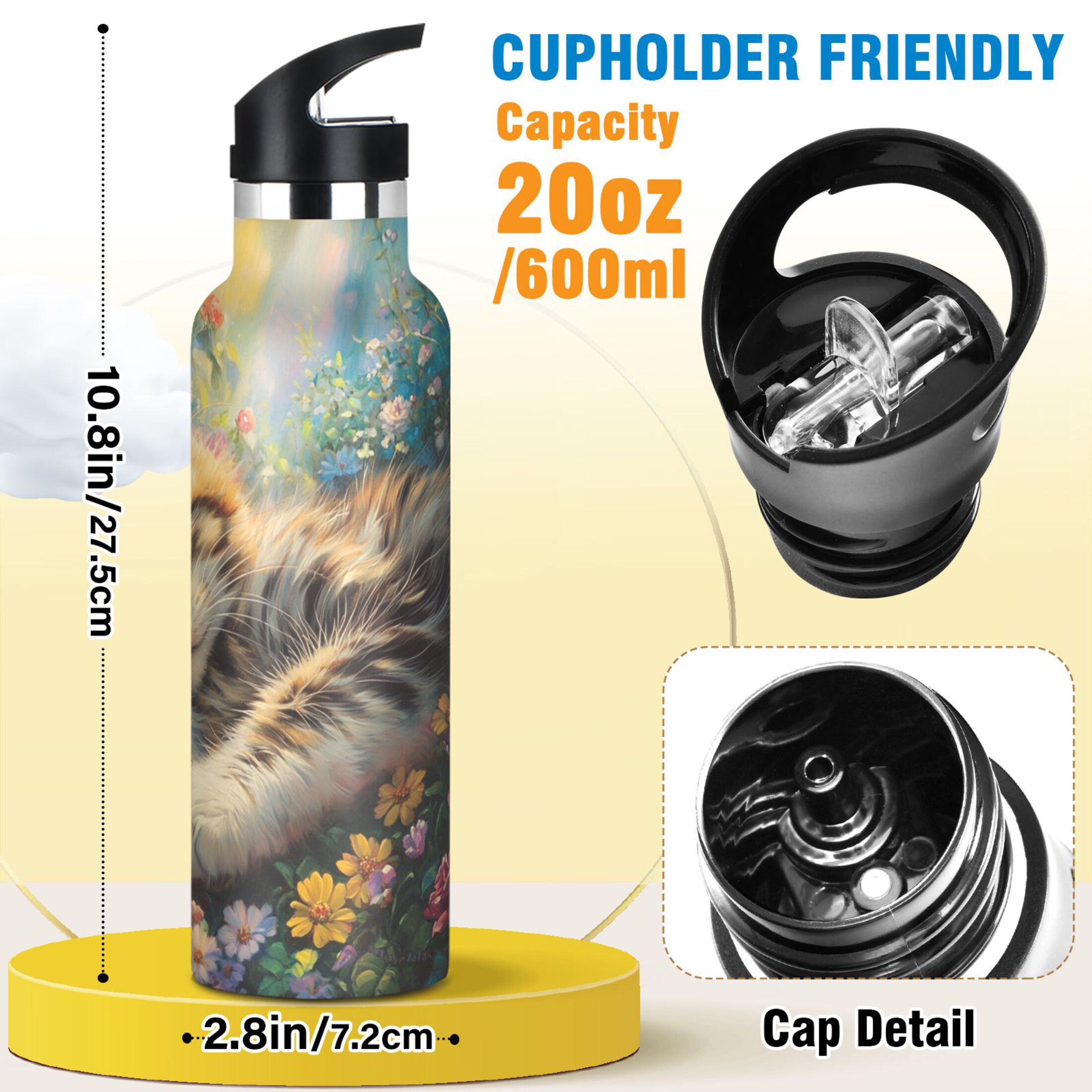 600ML Stainless Steel Insulated Cup Sports Water Bottle Portable Thermos Cup Water Glasses Insulated Tumblers Convenient and Durable Flowers and Lovely Cat