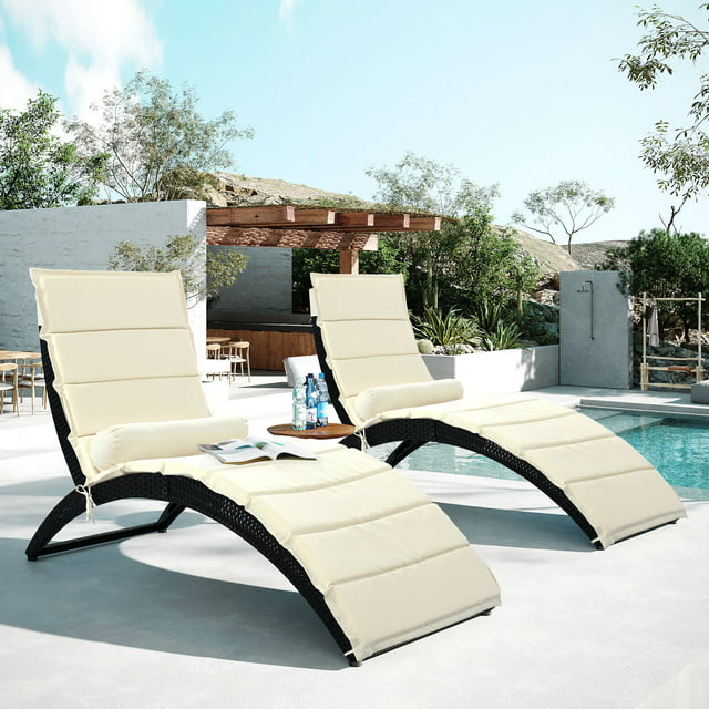 Sesslife 2-PCS Chaise Lounge Chairs for Outside, Patio Adjustable Lounge Chairs with Table Outdoor Rattan Wicker Pool Chaise Lounge Chairs Cushioned Poolside Folding Chaise Lounge Set