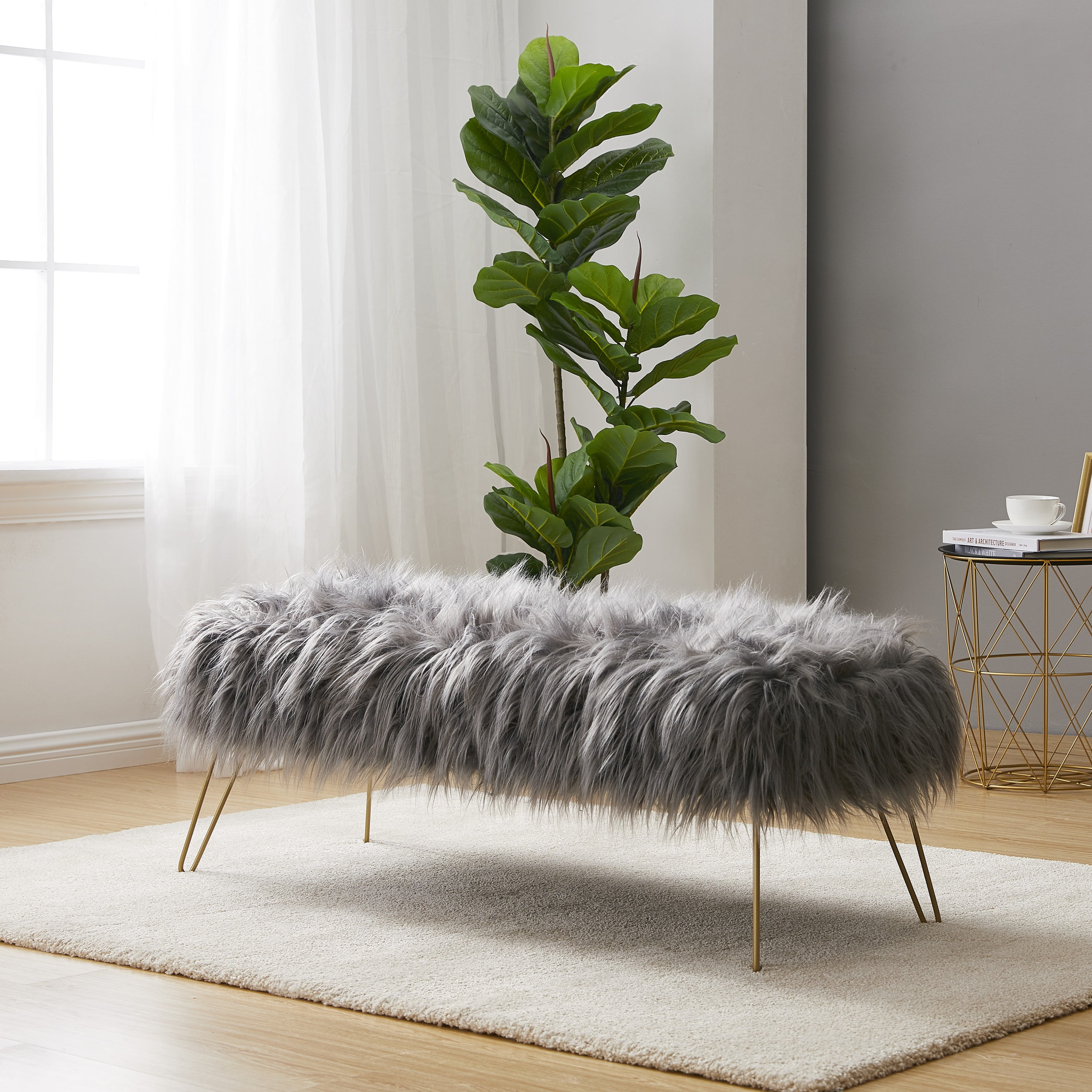 OH Modern Contemporary Faux Fur Long Bench Ottoman Foot Rest Stool/Seat