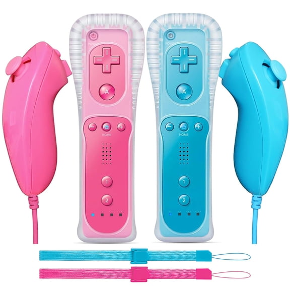 2 Packs Wireless Controller and Nunchuck for Wii and Wii U Console,Gamepad with Silicone Case and Wrist Strap (Pink and Light Blue)